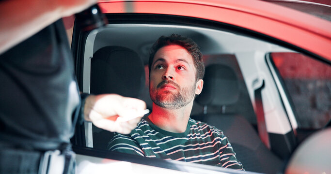 Man, police and check licence of vehicle, registration offence and traffic warning. Person, law enforcement and identity for drunk driving, fine penalty and transport risk with car violation at night