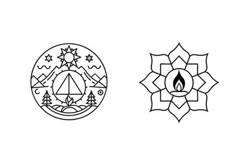 Geometric Wilderness And Lotus Flower Illustration In Black And White Line Art