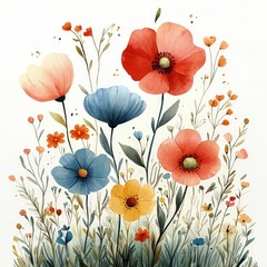 Watercolor painting of colorful flowers with stems and leaves on a white background.
