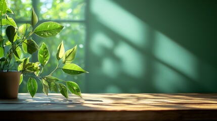 A potted plant sits on a wooden table in front of a window