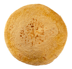 Wheat pancake for pizza on white background. Isolate of pizza dough without ingredients