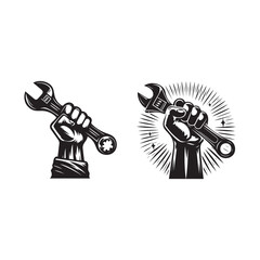Set of Powerful Fist Holding Wrench Black White Labour Day silhouette Designs vector art 
