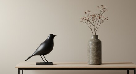 Black bird figurine and vase with dried flowers on a wooden table.