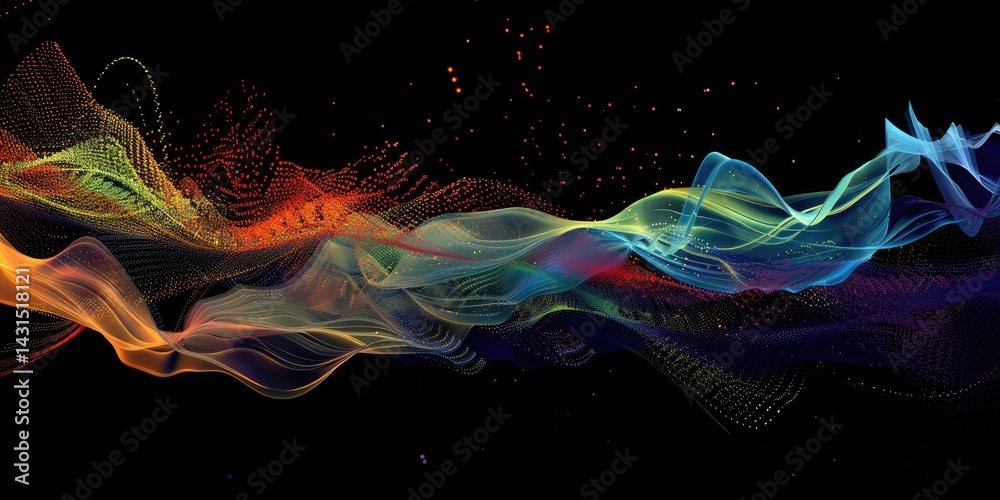 Poster flowing digital waves with glowing particles on a dark background. abstract line art or digital wave
