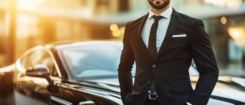Stylish businessman near luxury car sunny day