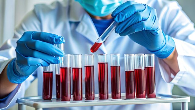 World Blood Donor Day Laboratory technician handling test tubes filled with red liquid, wearing gloves and protective gear. - Powered by Adobe