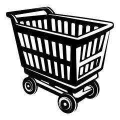 Detailed black and white illustration of a shopping cart on wheels