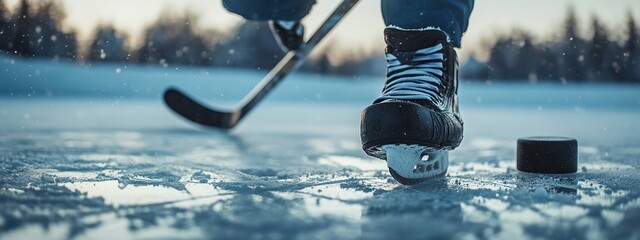 A close-up of a hockey skate and puck on ice, capturing the essence of the sport.