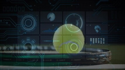 Tennis ball resting on racket strings while flat design HUD charts grid pulsing over blurred court - Powered by Adobe