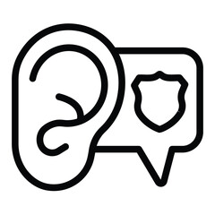 Ear with police badge popup window line icon, law and order concept. Vector graphics. Police siren sound bubble sign on white background, style for mobile or design.