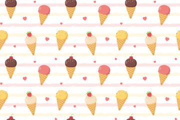 Cute seamless pattern with ice cream cone and hearts on striped background. Summer design for childrens clothes, textiles, fabric, packaging. Vector illustration