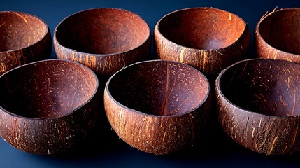 Eight empty coconut shells arranged in a row against a dark blue background