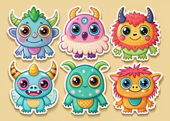 Fototapeta premium Cute Monster Stickers: Vintage Style Friendly Creature Clipart Set