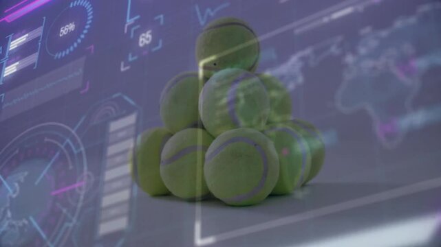 Pyramid of green tennis balls stacking on flat surface, projecting holographic data charts