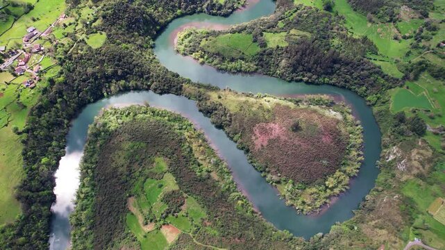 Aerial view of Meanders of the Nora river, Oviedo and Las Regueras municipalities, Asturias, Spain