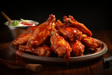 rich, fiery hues and glossy glaze of buffalo wings, meticulously laid out on a plate