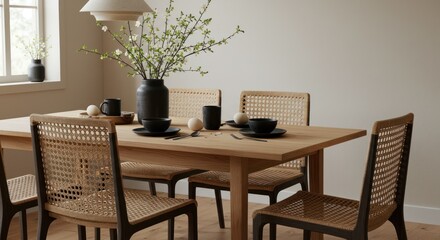 Dining room with wooden table chairs and black tableware against a neutral wall.
