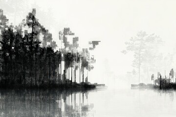 Fototapeta premium Misty, monochrome depiction of a tranquil, wooded shoreline.