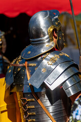 historical reenactment, roman soldier helmet close up