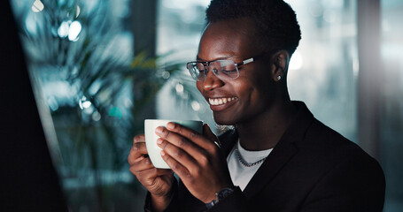 Business, black man and coffee in office at night for caffeine drink, work break and project...