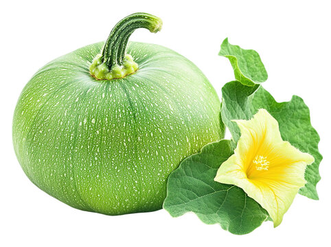 Small yellow pumpkin with green stem on white background, stems, tiny pumpkins