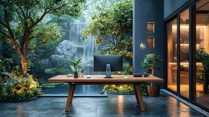 Outdoor workspace with waterfall view, modern design