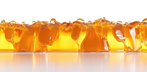 Amber liquid flowing, creating dynamic waves and ripples.  Its viscous texture is highlighted by the light reflection