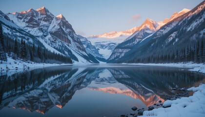 Obraz premium Lake Louise Reflecting Snow Covered Mountains At Sunrise Serene Winter Landscape In Banff National Park Alberta Canada Breathtaking Scenery With Calm Waters