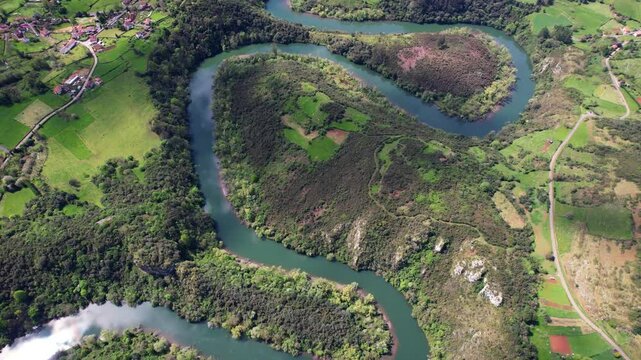 Aerial view of Meanders of the Nora river, Oviedo and Las Regueras municipalities, Asturias, Spain