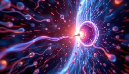 Obraz premium A stunning visualization of sperm cells racing towards an ovum, with a glowing aura.