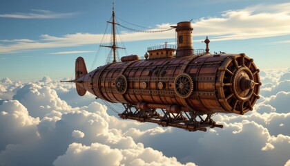 Fototapeta premium A steampunk inspired airship soaring above clouds with intricately designed gears and propellers.