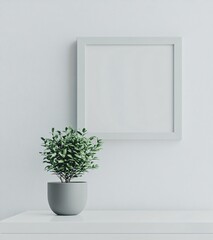 Artistic display of a potted plant on a minimalist table under a blank frame contemporary living space indoor photography calm atmosphere