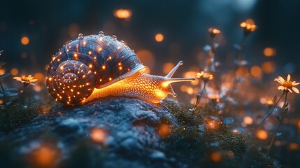 Fototapeta premium Magical glowing snail in a mystical forest
