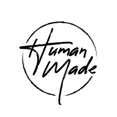human made stamp logo, made by humans badge hand drawn lettering calligraphy text