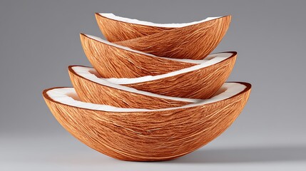 Obraz premium Four halved coconut shells stacked on top of each other, revealing the white flesh inside