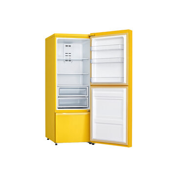 Modern Yellow Refrigerator with Open Doors, Empty Interior, Studio Shot