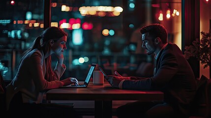 Obraz premium A man and woman are seated at a modern table in a well-lit office environment, both smiling and engaged in conversation.