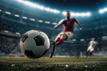 Dynamic macro shot of a soccer ball in flight with player in action