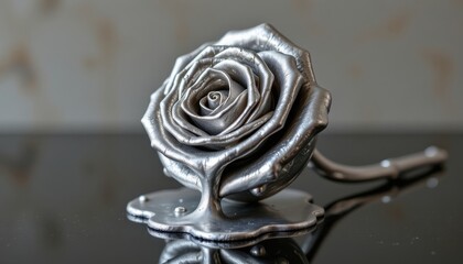 A sculpted rose made of molten silver, melting and dripping onto a reflective surface beneath.