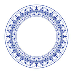 Round blue porcelain plate with arabesques, floral ornament. Patterns of Greece, ancient Rome. Circle european border. Typical egyptian, assyrian, greek motive. For textile, embroidery, porcelain