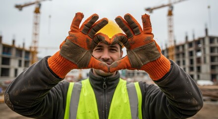Construction Worker Showing Love for His Profession - A construction worker wearing safety gear makes a heart shape with his hands, showcasing his passion for his work