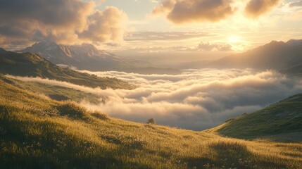 Naklejka premium Sunset over mountain valley, clouds, golden hour, nature scene, landscape