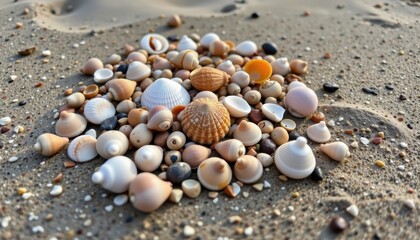 A collection of assorted shells on a sandy beach, highlighting the diversity of ocean life.