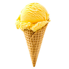 Yellow Ice Cream Scoop in Waffle Cone on Transparent Background
