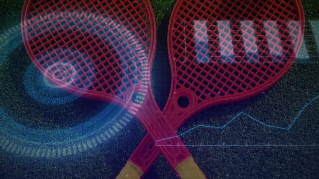 Red plastic rackets being animated in 3D on dark mat, featuring blue holographic analytics overlays