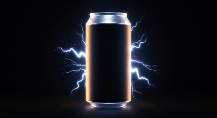 Energy Drink Can Stock Photo - Electrifying energy drink, powerful refreshment, vibrant spark, aluminum can, dark background. Symbolizes: energy, refreshment, power, vitality, innovation.