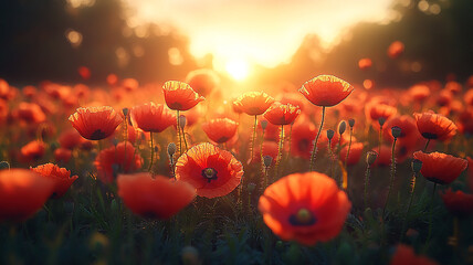 Obraz premium Poppies Field Blossoming with Sunset Illumination, Sunlight Through Red Petals Garden