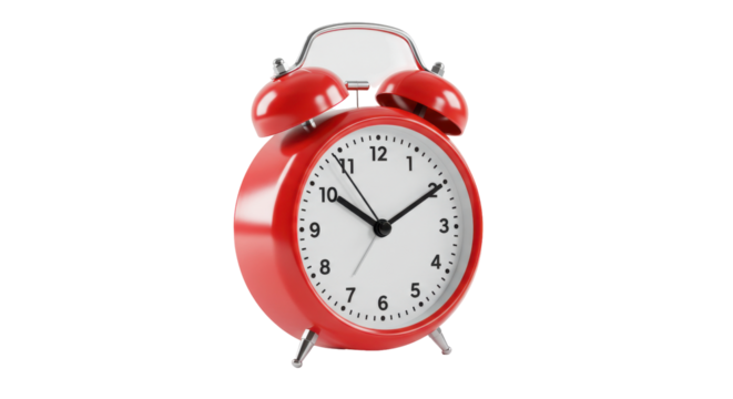 Red alarm clock with white face. Time passing, deadlines, reminders. Bold, shiny red finish