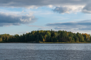 Lake Ladoga near the village Lumivaara on a sunny autumn day, Ladoga skerries, Lakhdenpokhya, Republic of Karelia, Russia
