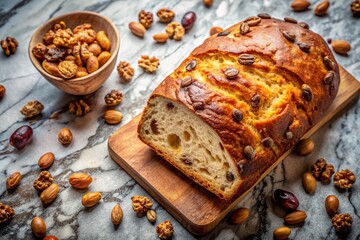 Aerial View of Delicious Cozonac Sweet Bread with Raisins and Nuts on Marble Countertop